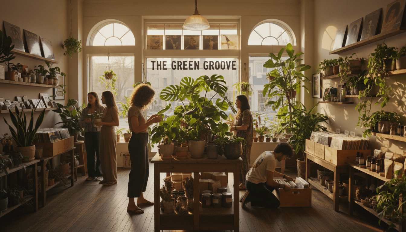 Cozy plant and music shop interior with lush houseplants, vinyl records, and customers browsing in warm natural light