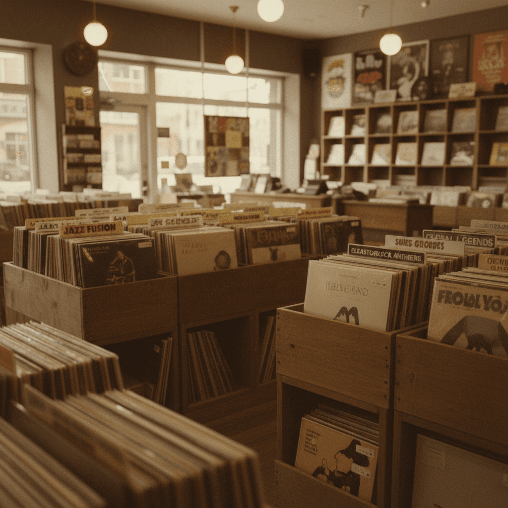 Vinyl record collection displayed in wooden crates and shelves