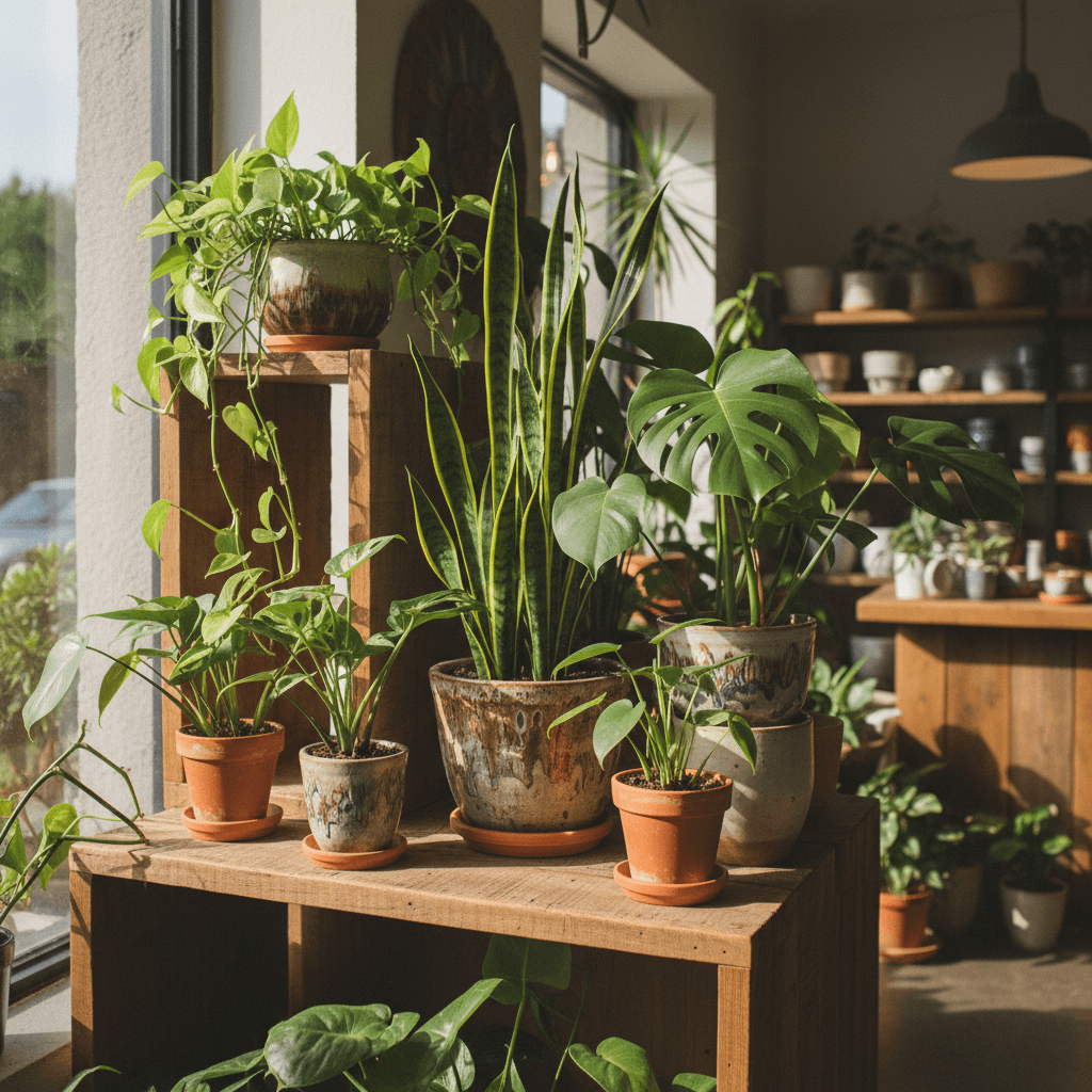 Assorted houseplants in planters on wooden shelf