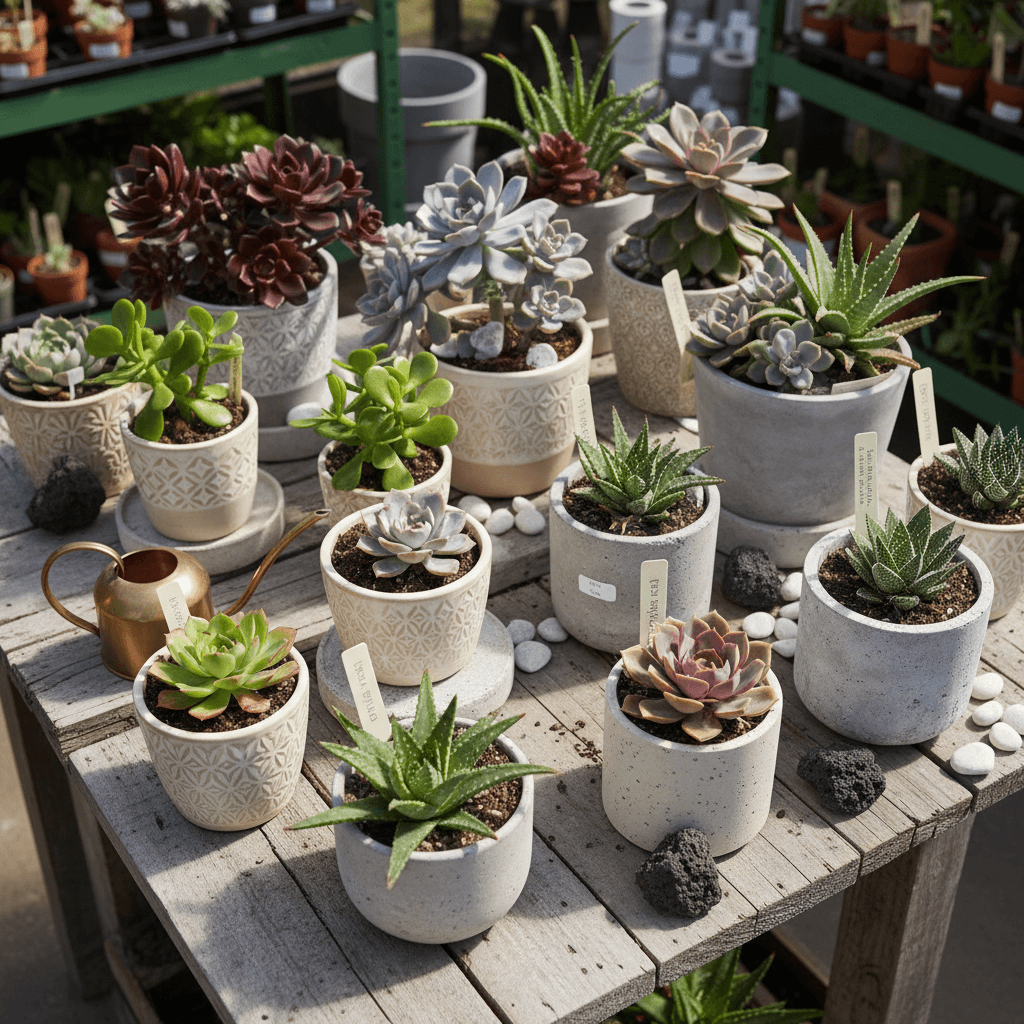 Succulent collection in various small pots overhead view