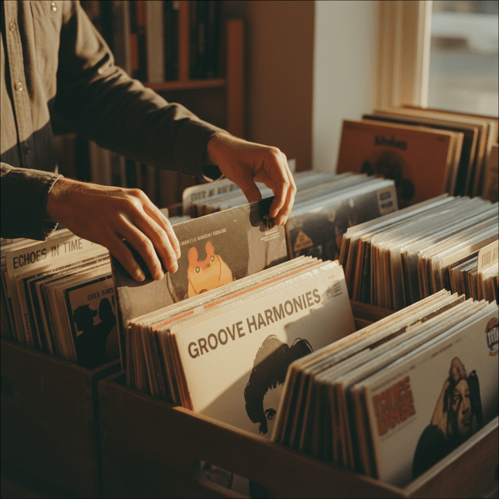 Customer discovering vinyl at Blessings Plants & Music counter