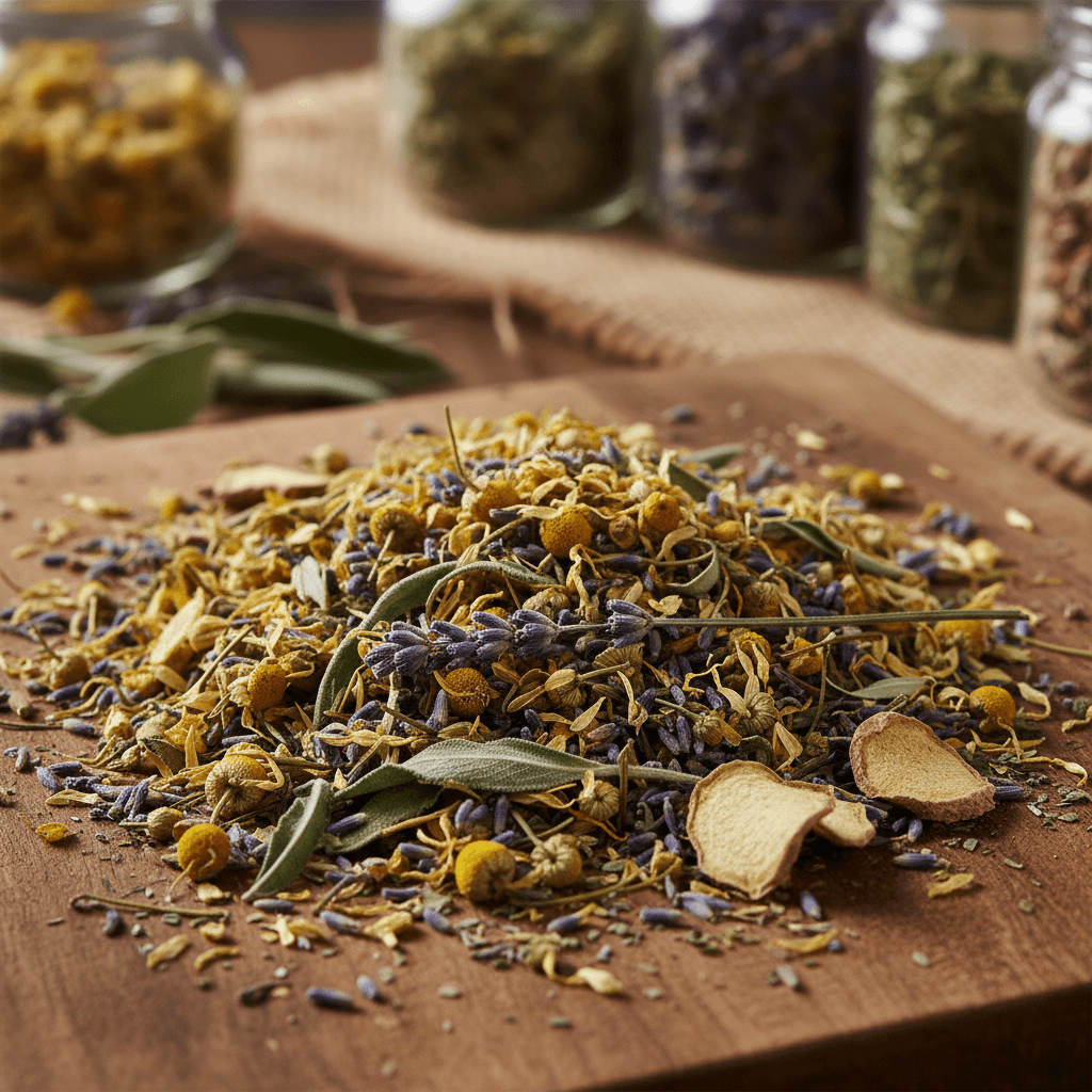 Dried nutritional and herbal wellness ingredients arranged naturally