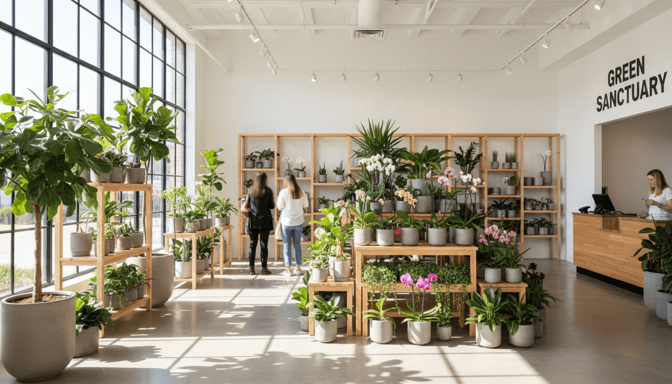 Bright plant shop interior with houseplants, vinyl records, and wellness products on display