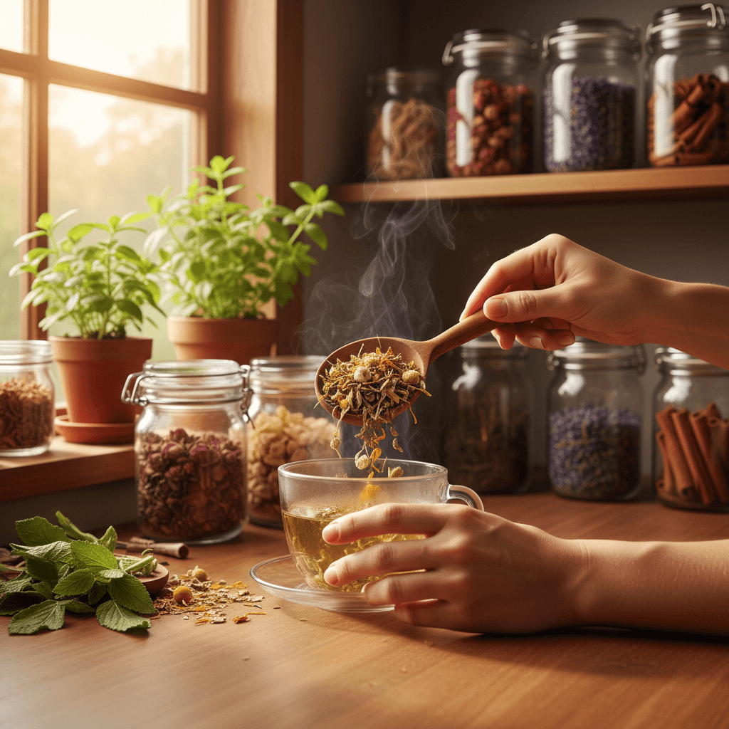 Hands preparing herbs during a wellness session overhead view