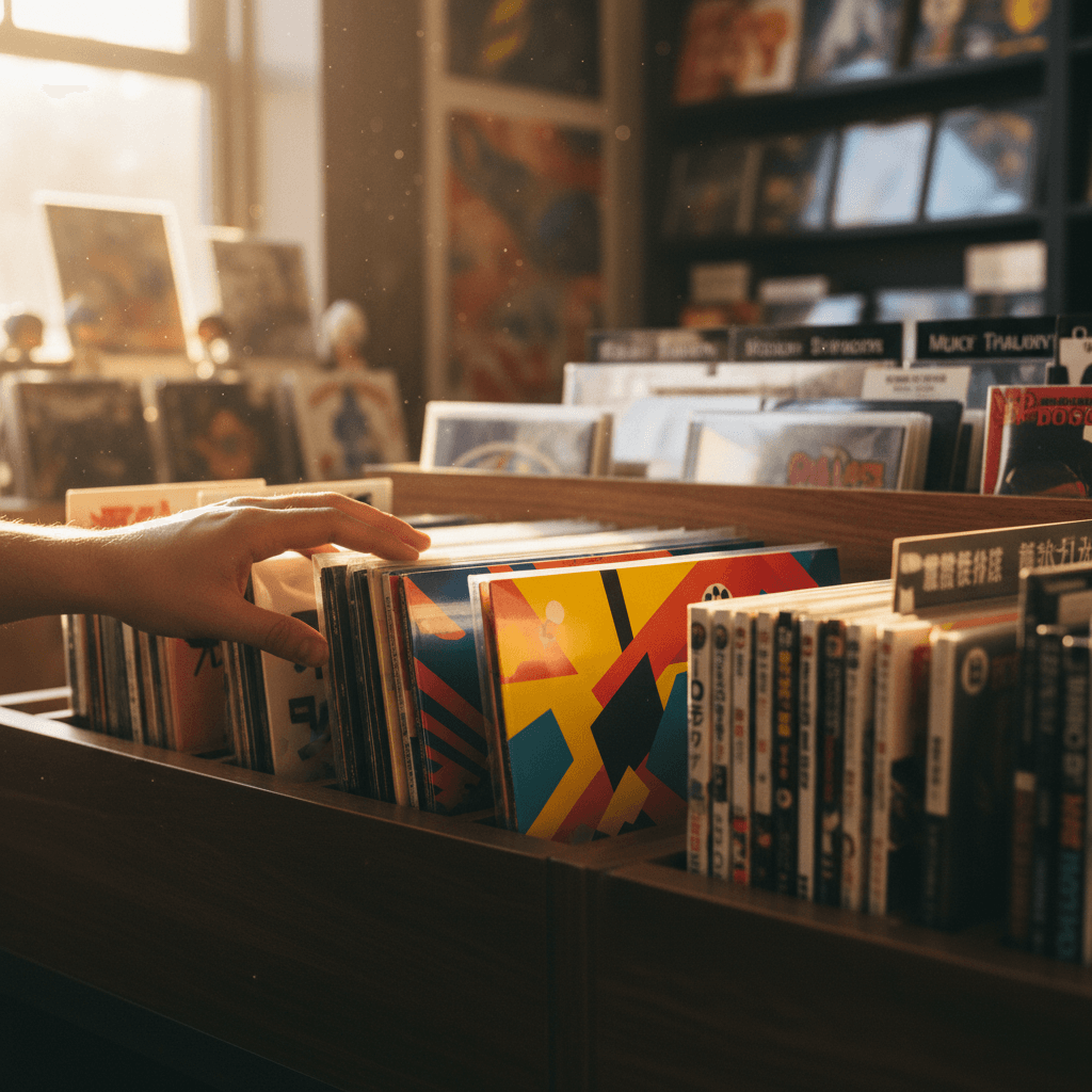 Curated vinyl records on wooden shelves in boutique shop
