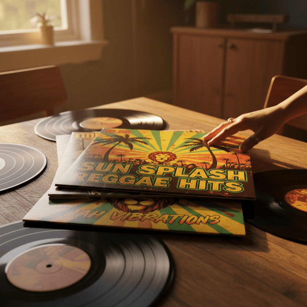 New vinyl releases with colorful album spines in wooden crate