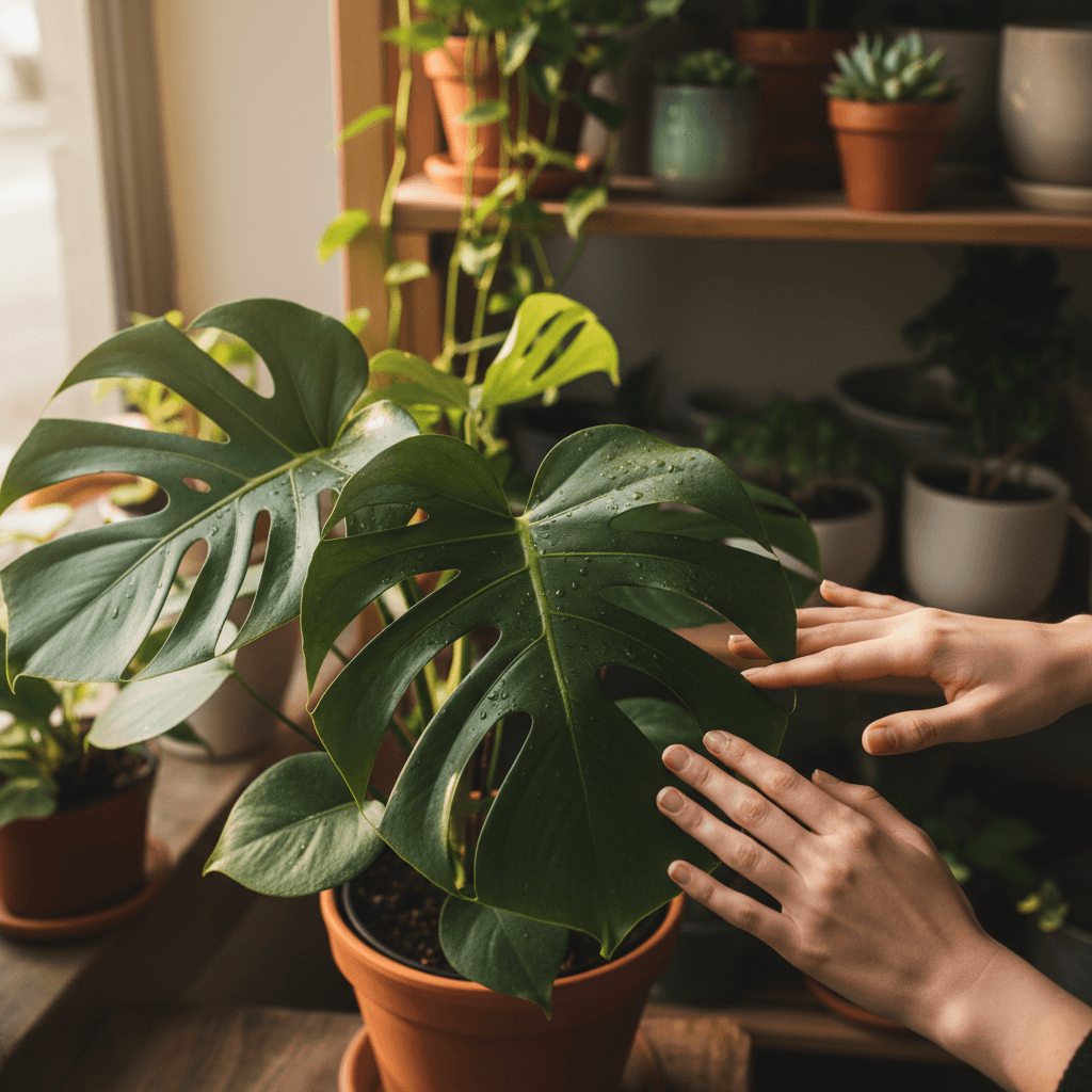 Hands gently touching a lush potted plant in warm natural light at Blessings Plants & Music