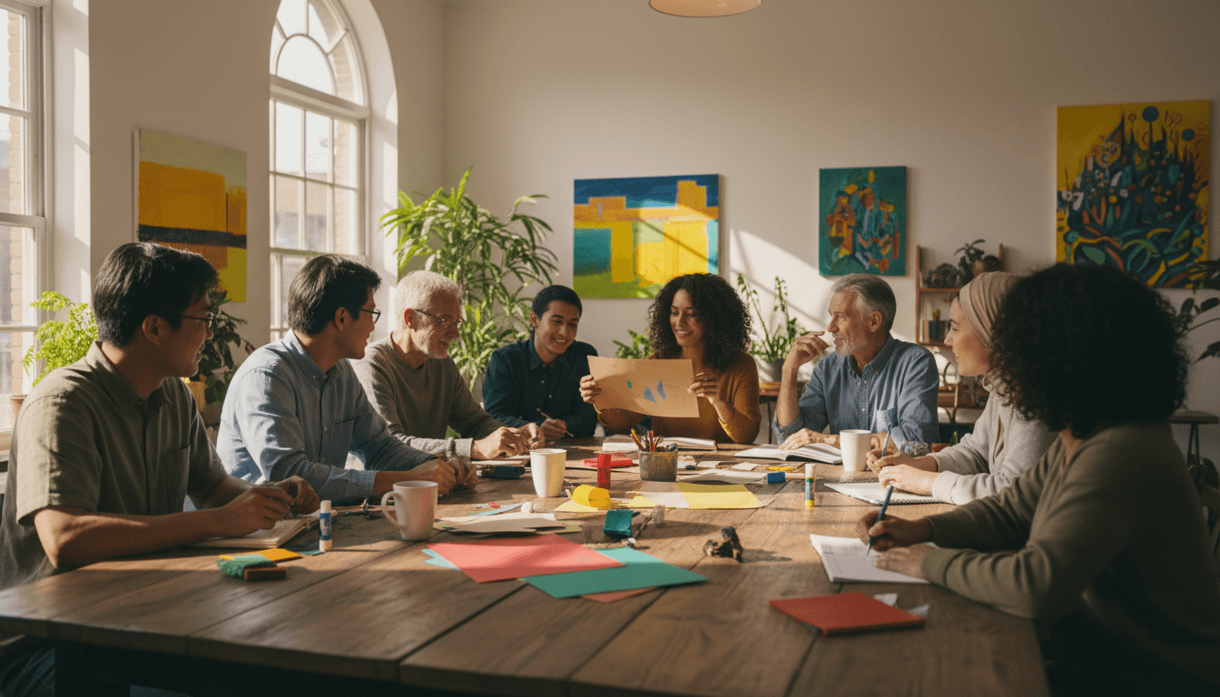 Community gathering with people, plants, and local artwork