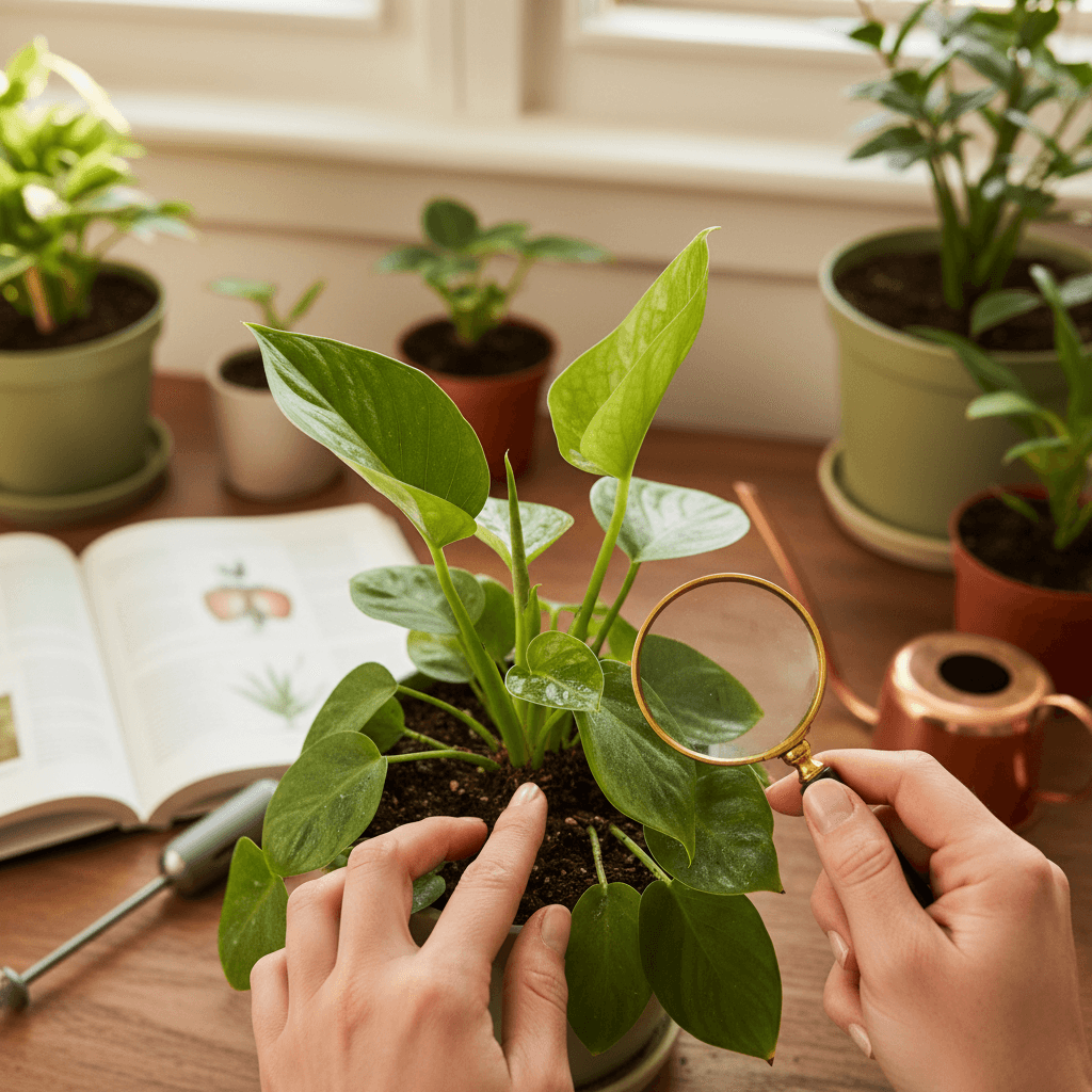 Hands gently touching a thriving green houseplant in soft natural light