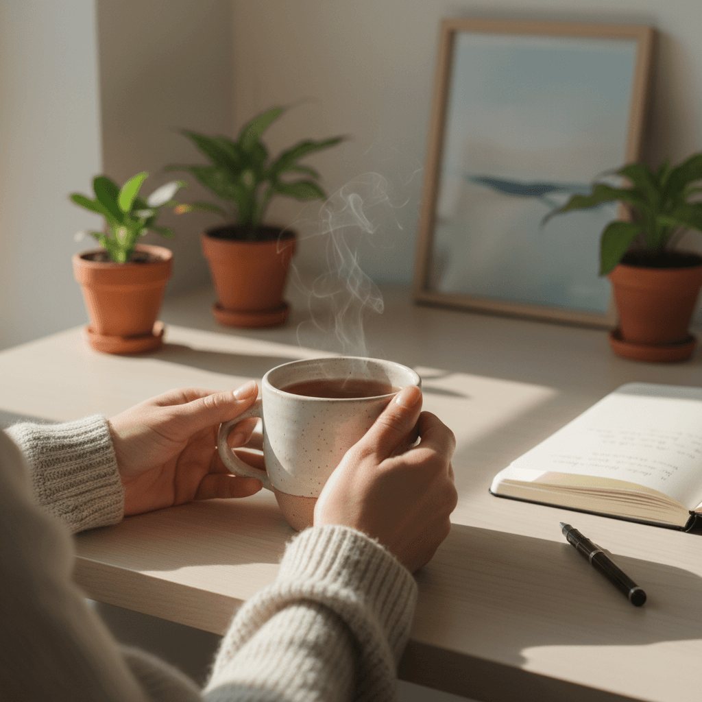 Person holding a small wellness plant near natural window light