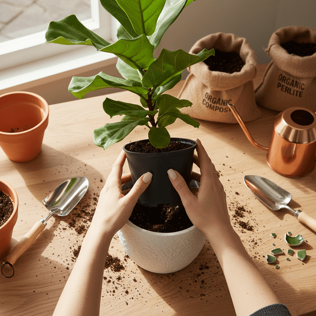 Hands repotting a houseplant during a care workshop