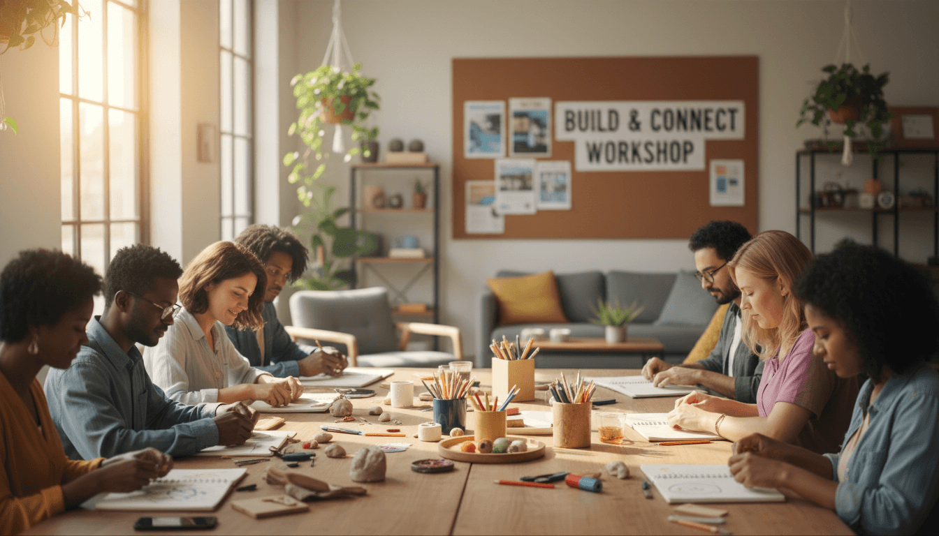 Community members volunteering together at Blessings Plants & Music, arranging plants and collaborating on an event