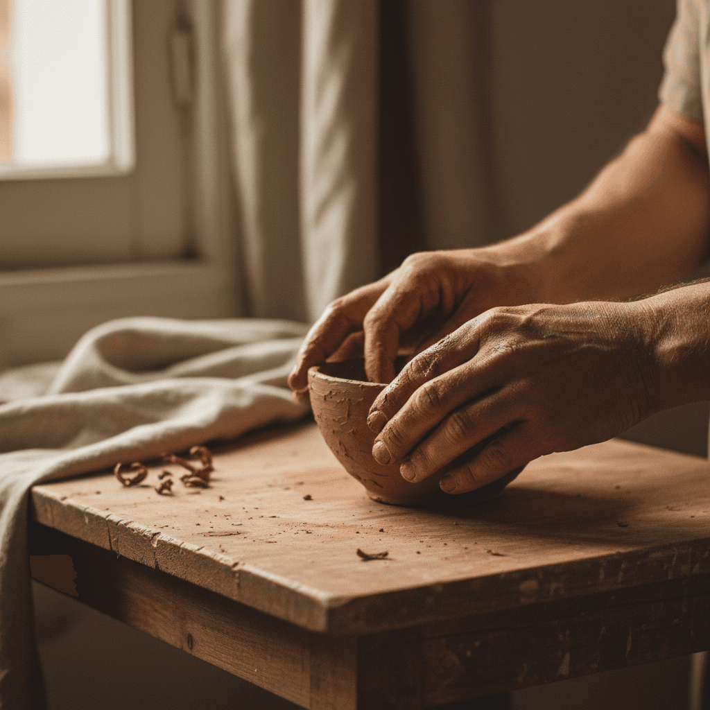 Hands caring for houseplant with soil and pottery pots