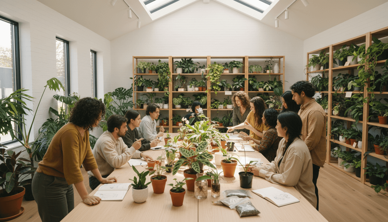 Community workshop attendees exploring plants together at Blessings Plants & Music