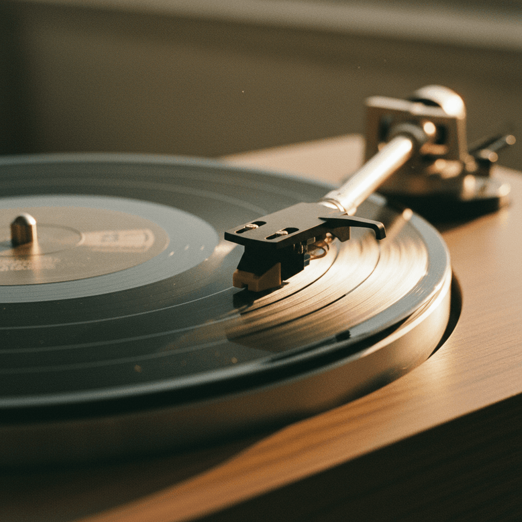 Vinyl record spinning under warm lighting at a listening event