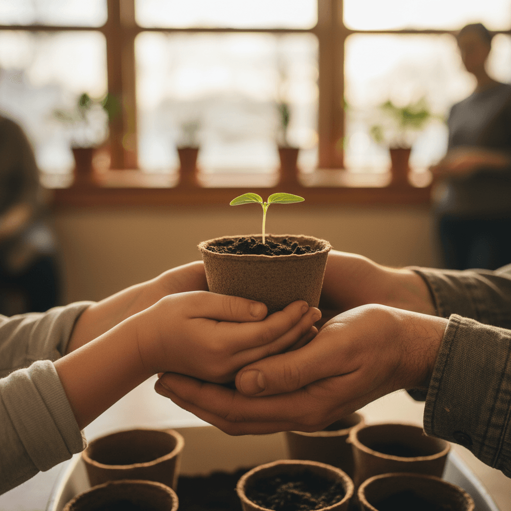 Child learning to care for a plant with adult guidance