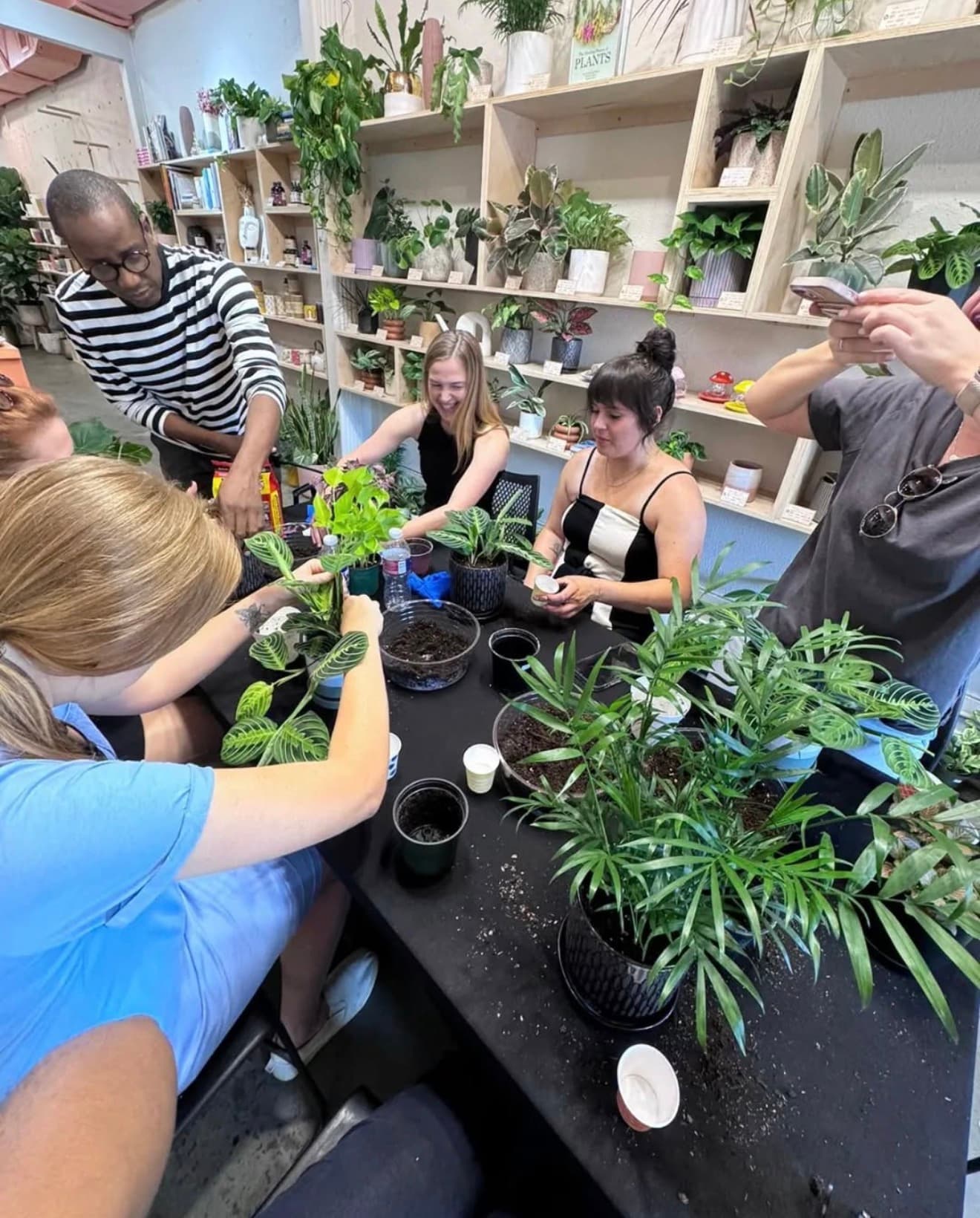 People potting various green plants at a workshop table inside a lush plant shop.